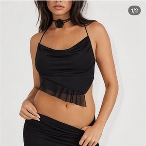 Garage Black Asymmetrical Cropped Tank Top with Sheer Detail and Open Back